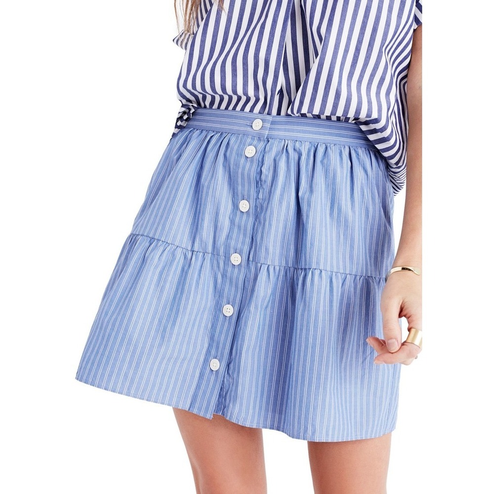 Madewell Bistro Small Mini Skirt Blue / White Stripes Chambray Denim Lined - Picture 3 of 12